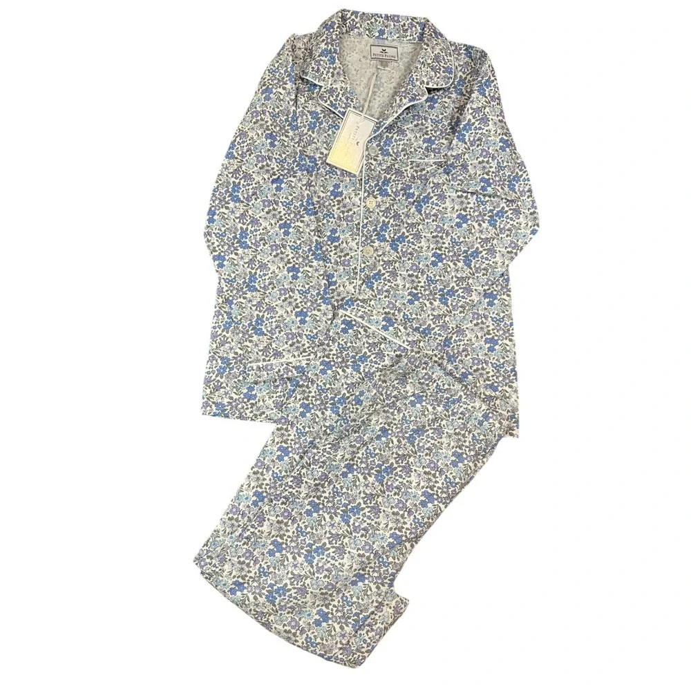 Petite Plume Kids Fleur D'Azur Floral Pajama Set Blue Purple Cotton Size 10 NEW